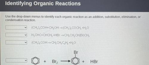 Identifying organic reactions

Each box has the options of: addition, substitution, elimination, a