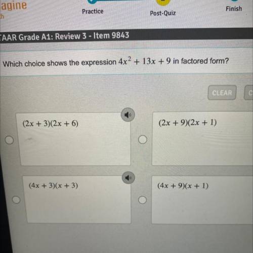 Which choice shows the expression 4x2 + 13x + 9 in factored form?