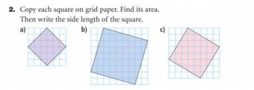 How would I find the area of each square?
Please show your work as well!