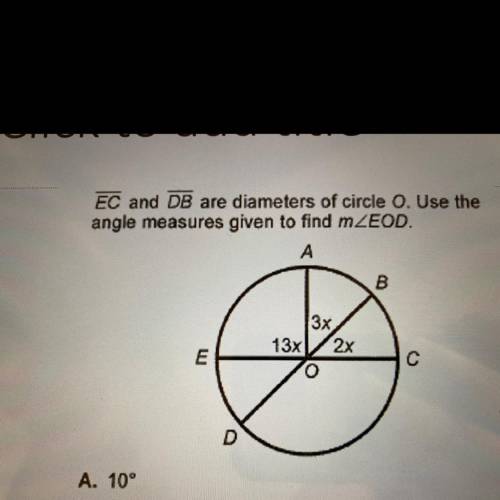 The question is on the picture

EC and DB are diameters of circle O. Use the angle measure given t