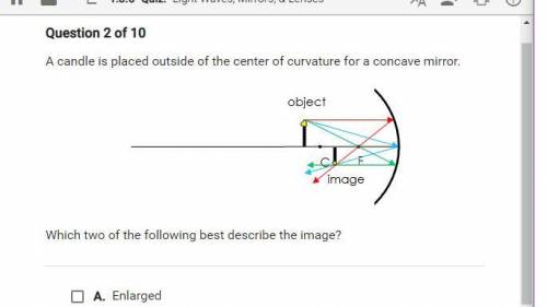 A candle is placed outside of the center of curvature for a concave mirror. Which of two of the fol