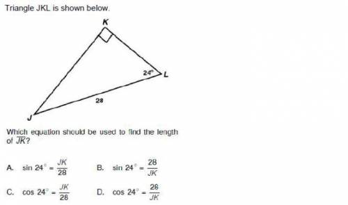 Triangle JKL is shown below. Which equation should be used to find the length of JK?