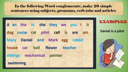 in the following word conglomerate, make 20 simple sentences using subjects, pronouns, verb to be a