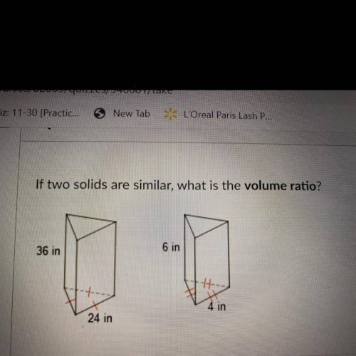 If two solids are similar, what is the volume ratio?
36 in
6 in
H-
4 in
24 in