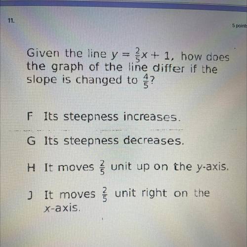 11.

5 points
Given the line y = {x + 1, how does
the graph of the line differ if the
slope is cha