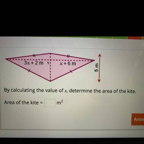 By calculating the value of x, determine the area of the kite