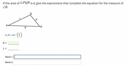 If the area of triangle pqr is (A) gives the expression that complete the equation for the measure