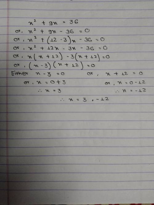 Solve the equation x^2 + 9x = 36 by factoring​