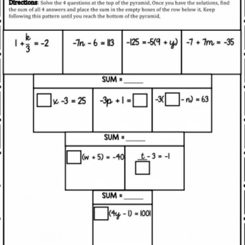 Solve the 4 questions at the top of the pyramid. Once you have the solutions, find the sum of all 4