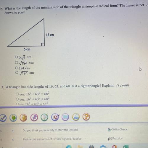 What is the length of the missing side of the triangle in simplest radical form? The figure is not