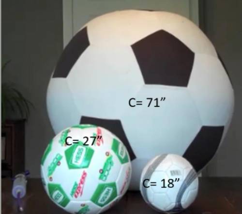 Soccer ball inflation:

How many pumps will it take to fill the large soccer ball with a circumfer