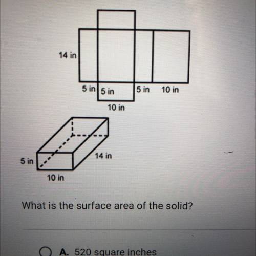 What is the surface area of the solid?

А. 520 square inches
B. 660 square inches
C. 260 square in
