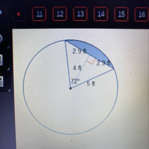 What is the area of the shaded portion of the circle?

(5pi-11.6) ft ^2
(5pi-5.8) ft ^2
(25pi-11.6