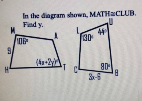 Find y A In the diagram shown, MATH=CLUB. U M 440 106 130° 9 (4x+2y) H C 80° 3x-6 B TC​