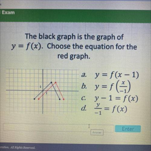 The black graph is the graph of

y = f(x). Choose the equation for the red graph.
a. y = f(x - 1)