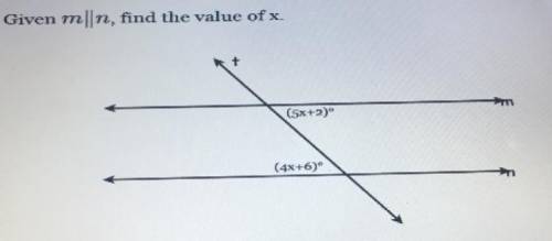 Given m||n, find the value of x.
+
(5x+2)
(4x+6)°
