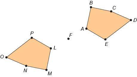Figure ABCDE is the result of a 180° rotation of figure LMNOP about point F.

Which angle in the p