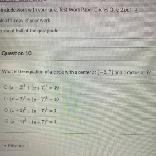 What is the equation of a circle with a center at (-2,7) and a radius of 7?