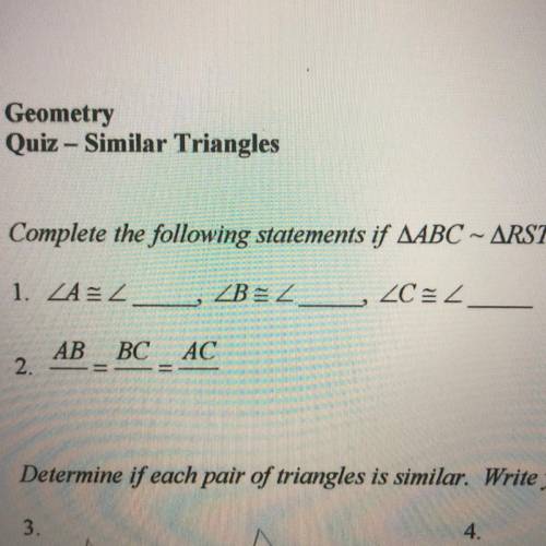 Complete the following statements if triangle ABC ~ Triangle RST