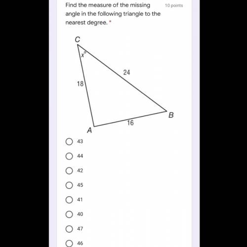 Find the measure of the missing angle in the following triangle to the nearest degree.