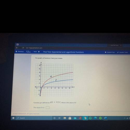 The graphs of functions fand g are shown.

Function g is defined as g(x) = kf(x). What is the valu