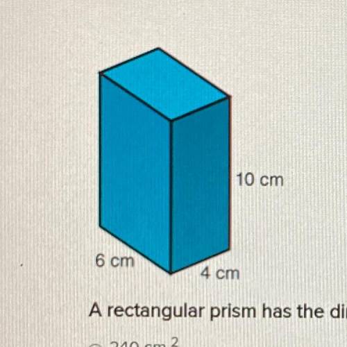 10 cm

6 cm
4 cm
A rectangular prism has the dimensions shown. What is the total area of the prism