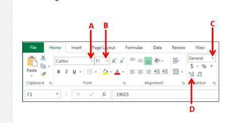 Where would you click to change a cell format to a fraction?
A
B
C
D