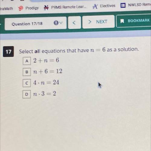 Select all equations that have n = 6 as a solution