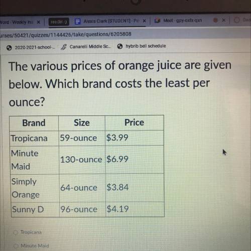 The various prices of orange juice are given

below. Which brand costs the least per
ounce?
Brand