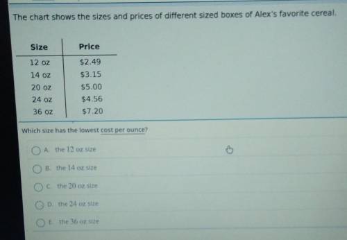 The chart shows the sizes and prices of different sized boxes of Alex's favorite cereal.

Which si