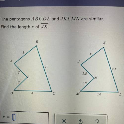 The pentagons ABCDE and JKL MN are similar.
Find the length x of JK.