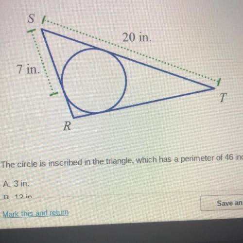The circle is inscribed in the triangle, which has a perimeter of 46 inches. Find the length of RT