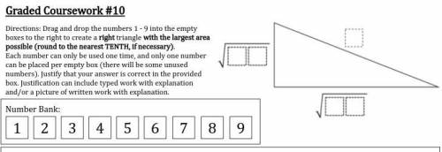 Drag and drop the numbers 1 - 9 into the empty boxes to the right to create a right triangle with t