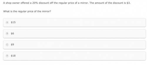 A shop owner offered a 20% discount off the regular price of a mirror. The amount of discount is $3