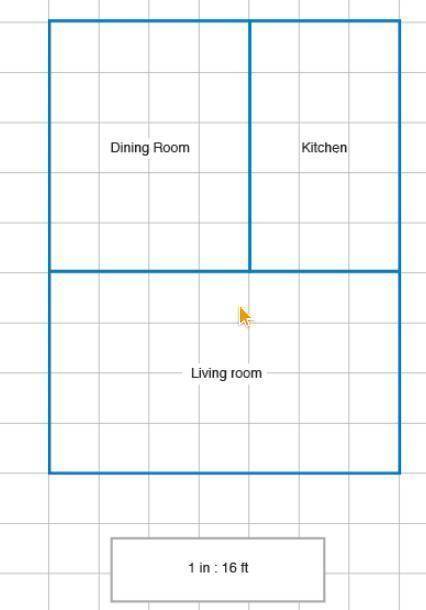 The figure shows a blueprint of a dining room, kitchen, and living room. Each square has a side len