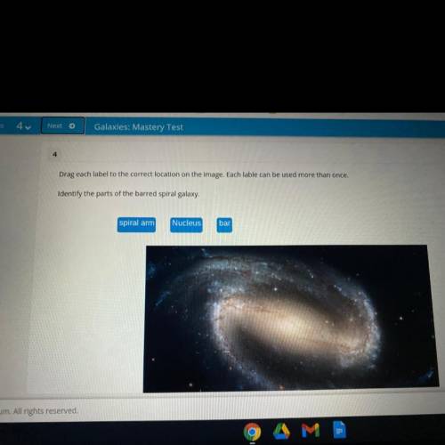Identify the parts of the barred spiral galaxy.

spiral arm
Nucleus
bar
Please help