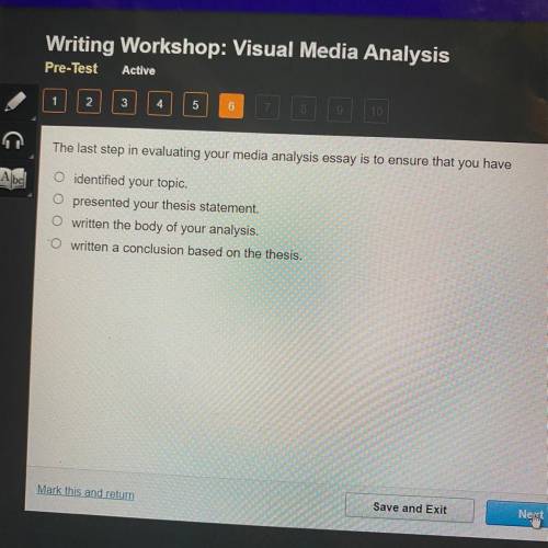 Writing Workshop: Visual Media Analysis

Pre-Test
Active
The last step in evaluating your media an