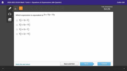 Which expression is equivalent to 5x+10y-15

5(x-2y-3)
5(x+2y-10)
5(x+2y-3)
5(x+2y-15)