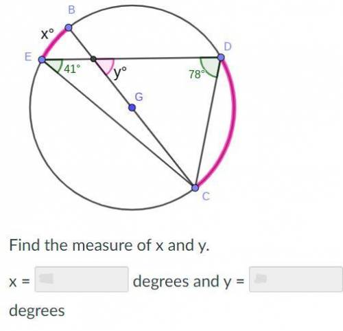 Circle G contains the diameter BC Find the measure of x and y.