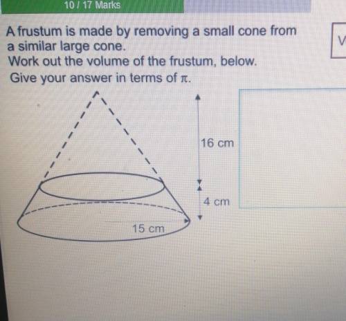 Vol of a cone =

- GarnA frustum is made by removing a small cone froma similar large cone.Work ou