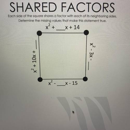 SHARED FACTORS

Each side of the square shares a factor with each of its neighboring sides.
Determ