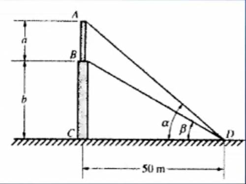 The Flagpole in Fig. PI. 41 has two sections, AB and BC. The angles α and β, measured at D at a dis