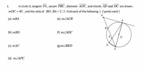 In circle O, tangent PA, secant PBC, diameter AOC, and chords AD and DC are drawn. mDC=40°, and the