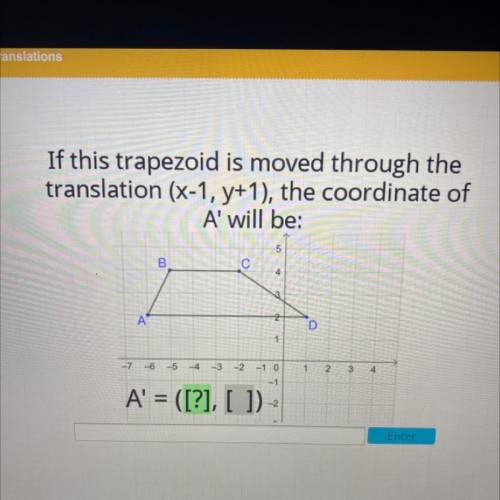 If this trapezoid is moved through the

translation (x-1, y+1), the coordinate of
A' will be:
61
B