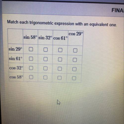 Match each trigonometric expression with an equivalent one.

cos 29
sin 58° sin 32° cos 61°
sin 29
