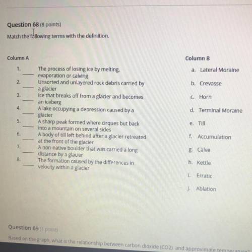 Question 68 (8 points)

Match the following terms with the definition.
Column A
Column B
1
a. Late