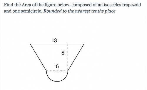 Find the Area of the figure below, composed of an isosceles trapezoid and one semicircle. Rounded t