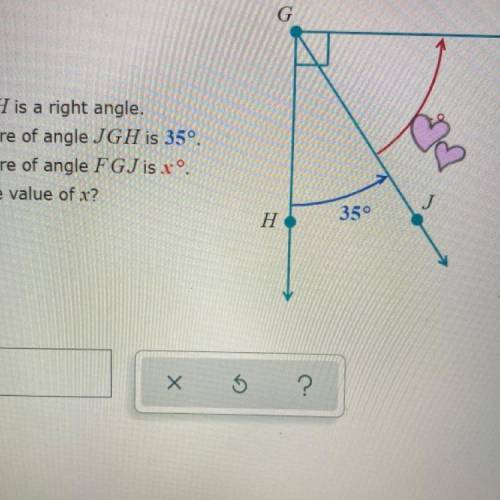 Angle FGH is a right angle.

The measure of angle JGH is 35º.
The measure of angle FGJ is xº
What