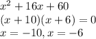 x^2+16x+60\\(x+10)(x+6)=0\\x=-10,x=-6