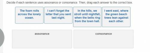 Decide if each sentence uses assonance or consonance. Then, drag each answer to the correct box.